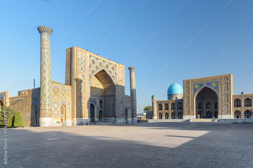 The Ulugh Beg Madrasah and the Tilya-Kori Madrasah in Samarkand
