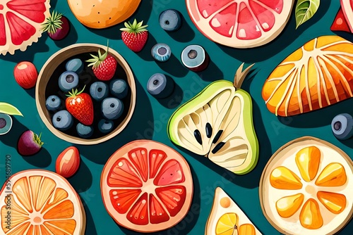 Watercolor fruits drinks, summer clipart, created using generative AI technology