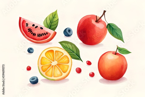 Watercolor summer Fruits, summer clipart, created using generative AI technology