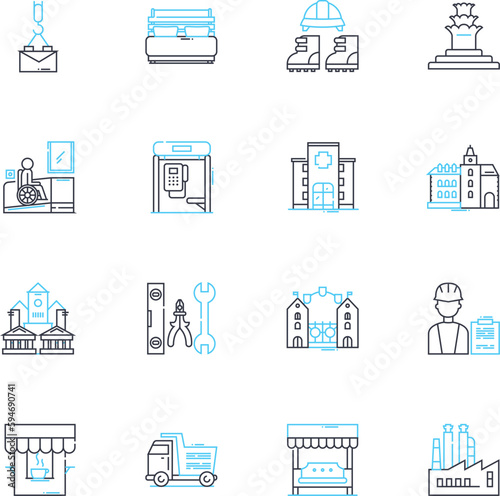 High-rise buildings linear icons set. Skyscraper, Tower, Height, Elevator, View, Architecture, Construction line vector and concept signs. Prestige,Urban,Windows outline illustrations