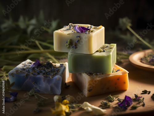 Rustic Handmade Soap on Wood with Floral Decor and Oil Ambiance, ai generated
