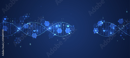 Glowing neon DNA chain. Biotechnology, biochemistry, science, medicine concept.