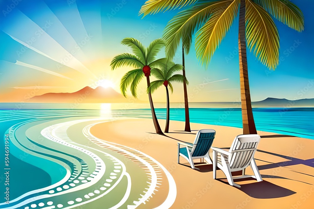 Summer mood beach illustration, created using generative AI technology