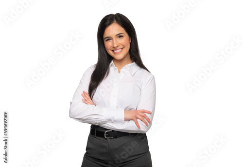 Smiling brunette business woman student in white button up shirt, a confident and cheerful smile, with arms folded, isolated on a white background