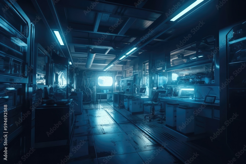 High-tech laboratory, filled with advanced equipment and intricate machinery. The lighting is stark and clinical, casting harsh shadows and emphasizing the sterile atmosphere of the space. Generative 