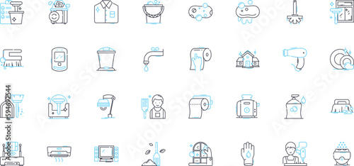 Janitorial business linear icons set. Cleaning, Maintenance, Sanitization, Disinfection, Sweeping, Mopping, Vacuuming line vector and concept signs. Scrubbing,Dusting,Polishing outline illustrations