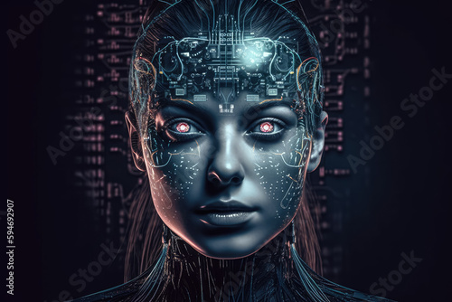 The photo shows the silver face of a humanoid robot woman with various attached wires and cables, portraying a futuristic and advanced technology. Generative AI, AI.