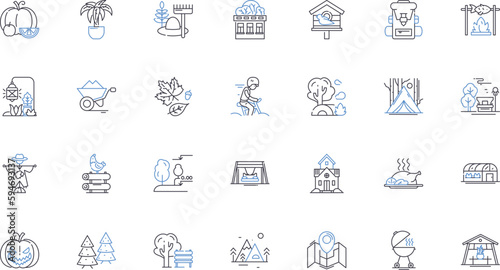 Township line icons collection. Settlement, Community, Village, Rural, Urban, Municipality, Hamlet vector and linear illustration. Suburb,District,Parish outline signs set