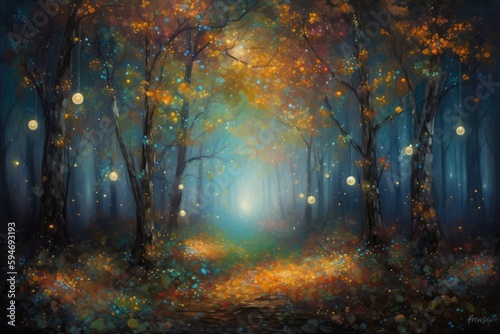 Magical forest filled with glowing fireflies, in a dreamy, impressionistic style. Generative AI © Kanisorn