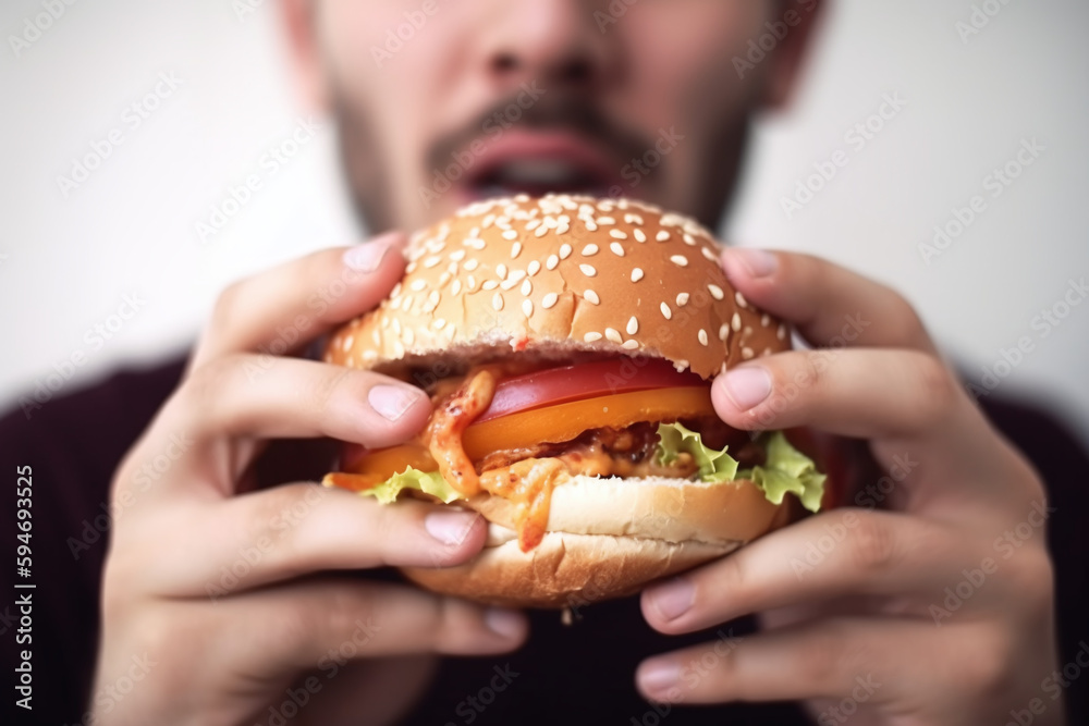 Gros plan sur un homme tenant un hamburger frais » IA générative