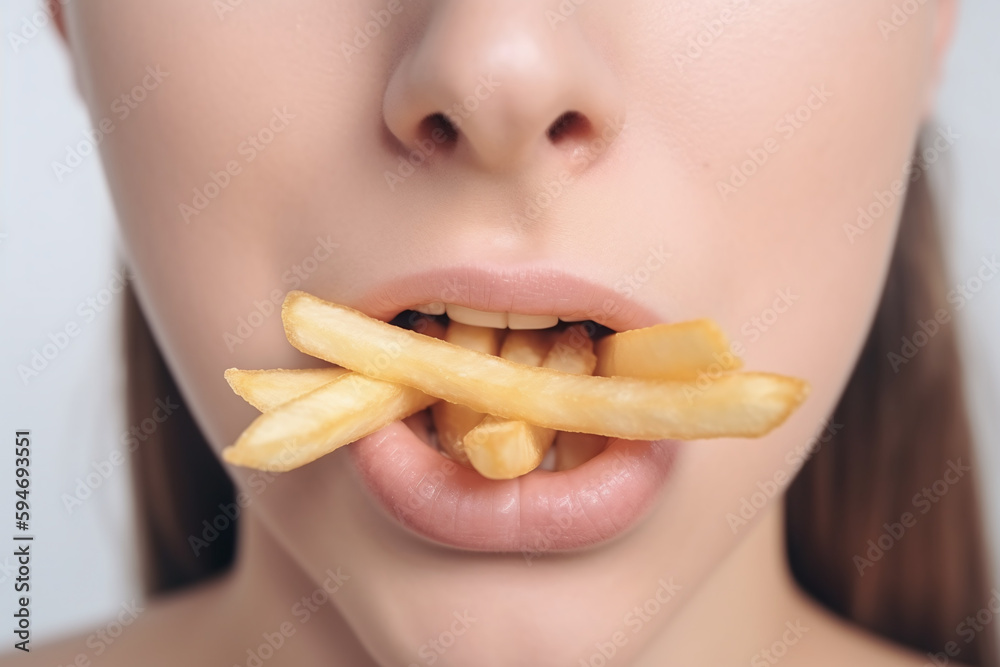 Femme avec des frites chaudes dans la bouche » IA générative