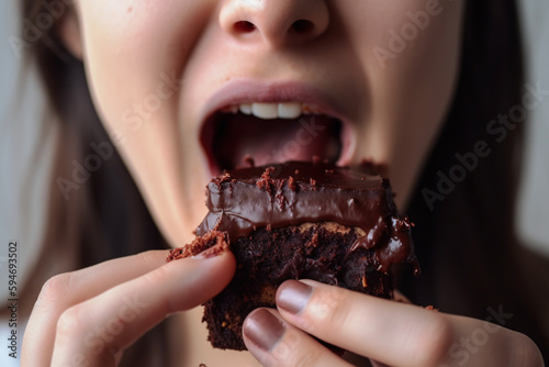 Gros plan sur la bouche d'une femme mangeant un gâteau au chocolat moelleux » IA générative photo