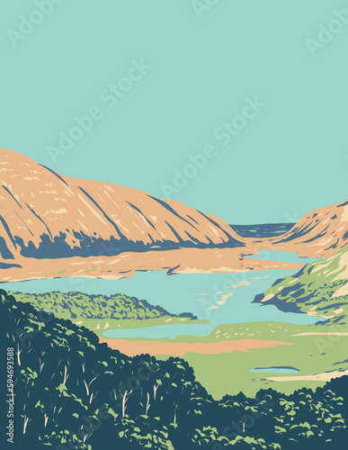 WPA poster art of Killarney National Park near the town of Killarney, County Kerry in the Republic of Ireland done in works project administration or Art Deco style.