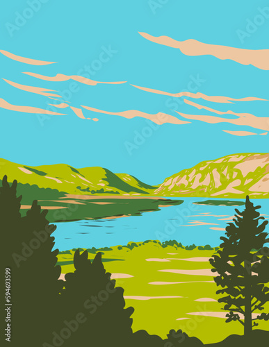 WPA poster art of Lough Veagh at Glenveagh National Park located in County Donegal in the Republic of Ireland done in works project administration or Art Deco style.