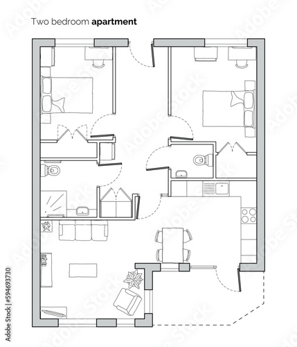 Two bedroom apartment floor plan. Top view flat vector illustration. Interior architecture.