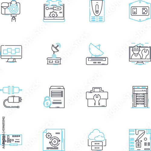 Information devices linear icons set. Smartph, Laptop, Tablet, Desktop, Smartwatch, E-reader, Gaming console line vector and concept signs. Virtual assistant,Camera,Smart home device outline