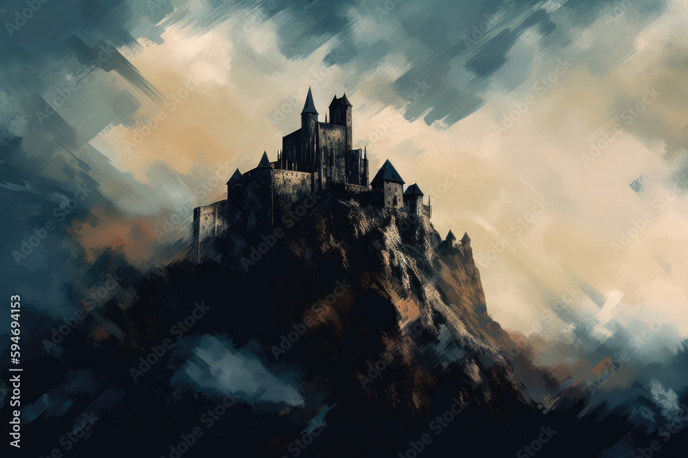 Medieval castle, perched atop a towering mountain peak. Generative AI
