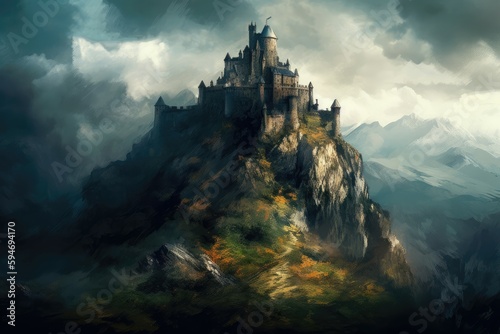 Medieval castle, perched atop a towering mountain peak. Generative AI