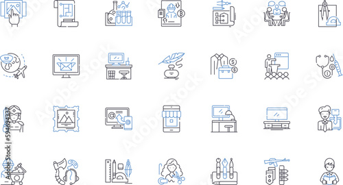 Outsourced line icons collection. Efficiency, Cost-effective, Specialization, Delegation, Partnership, Flexibility, Dependability vector and linear illustration. Quality,Advancement,Streamline outline