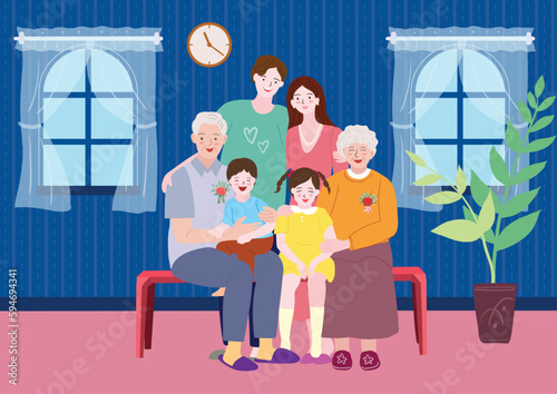 a happy family that laughs together in a windowed living room