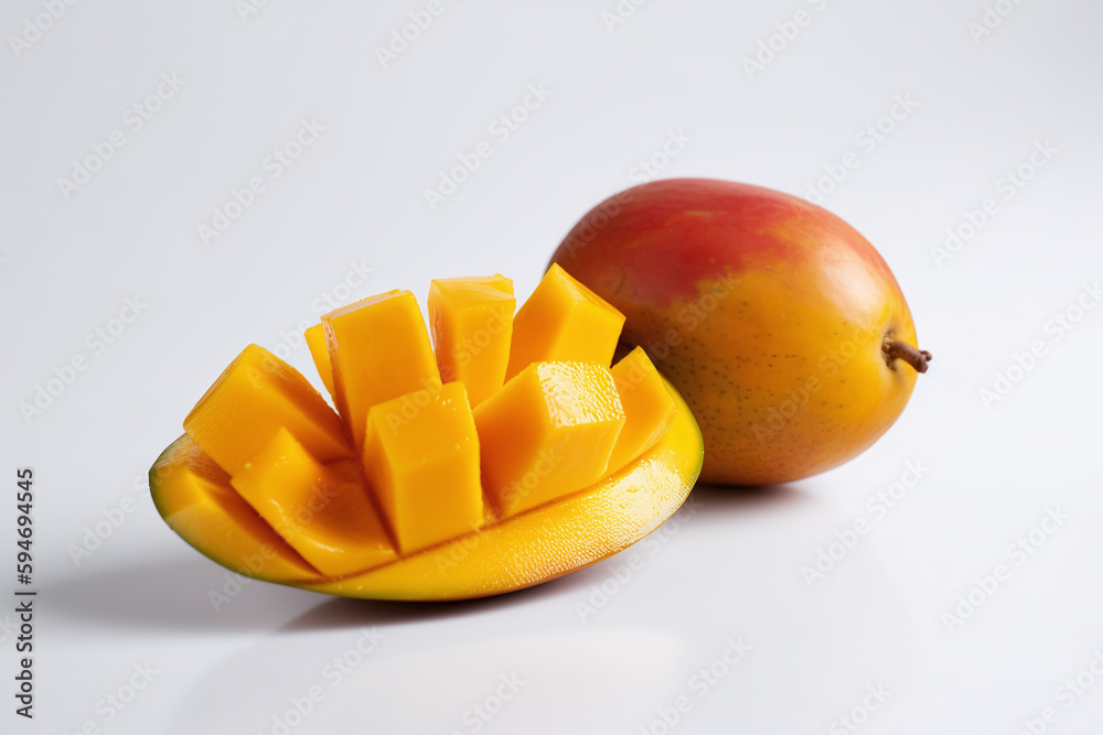 Mangue et morceaux de mangue sur fond gris » IA générative Mangue et morceaux de mangue sur fond gris » IA générative