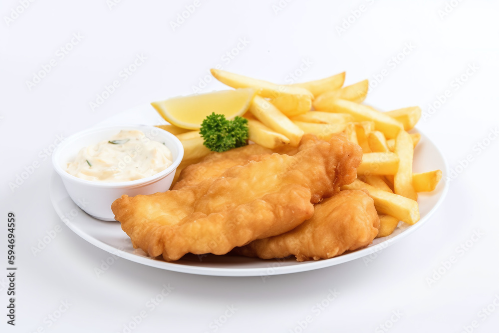 Fish and chips dans une assiette blanche sur fond blanc » IA générative Fish and chips dans une assiette blanche sur fond blanc » IA générative