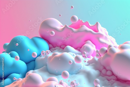 Abstract foam clouds with splashing forms and drops. Colorful foam cloud background. Generated AI.