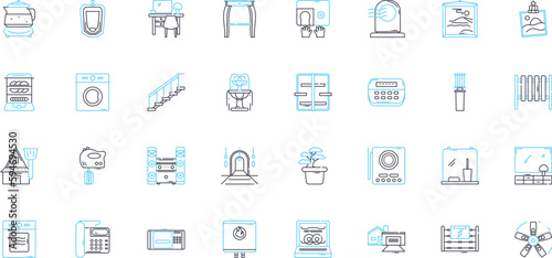 Home accents linear icons set. Pillows, Candles, Rugs, Vases, Mirrors, Arrk, Frames line vector and concept signs. Decorative,Figurines,Statues outline illustrations