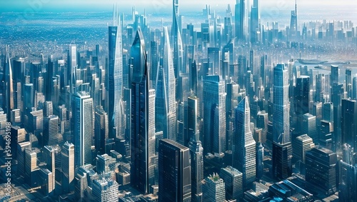Digital illustration of a city with skyscrapers, generative AI © progressman