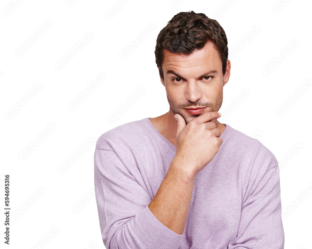 Fashion, thinking and portrait of man with attitude on png, isolated and transparent background. Inspiration, confidence and male model with wondering, ideas and thoughtful expression for decision Fashion, thinking and portrait of man with attitude on png, isolated and transparent background. Inspiration, confidence and male model with wondering, ideas and thoughtful expression for decision