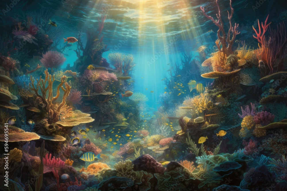 Vibrant underwater scene, with colorful coral reefs and schools of tropical fish. Generative AI