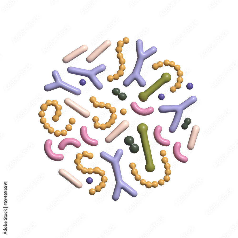 3d render Probiotic bacteria set in circle composition. Gut microbiota with healthy prebiotic bacillus. Lactobacillus, acidophilus, bifidobacteria. Microorganisms for biotechnology. 3d render Probiotic bacteria set in circle composition. Gut microbiota with healthy prebiotic bacillus. Lactobacillus, acidophilus, bifidobacteria. Microorganisms for biotechnology.