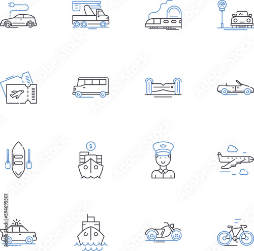 Journeying line icons collection. Adventure, Explore, Discover, Trek, Voyage, Expedition, Roam vector and linear illustration. Odyssey,Pilgrimage,Excursion outline signs set