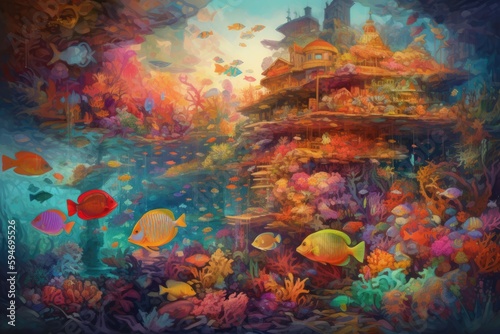 Vibrant underwater scene  with colorful coral reefs and schools of tropical fish. Generative AI