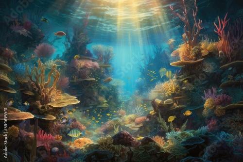 Vibrant underwater scene, with colorful coral reefs and schools of tropical fish. Generative AI © Kanisorn