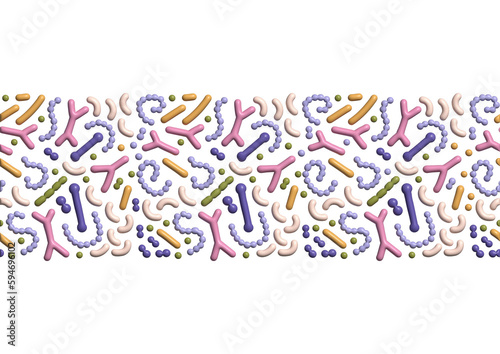 3d render Microbiome seamless border. Probiotic bacteria print with colorful lactobacillus, bifidobacteria, acidophilus. Volume biology illustration.
