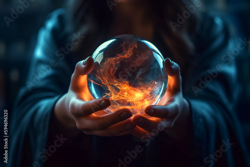Fortune teller or witch hands and a glowing orange magic ball. Halloween, magic or witchcraft and tricks concept.