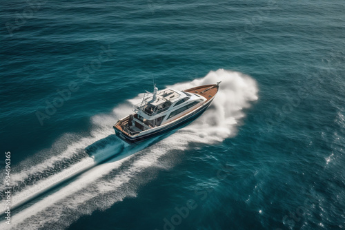 Aerial View of a motor boat in the sea. Generative AI © Dantaz