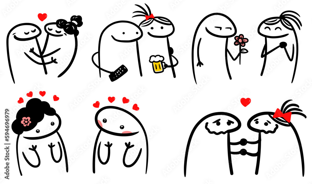 Set of characters in the style of meme flork. separate vectors. valentines theme. lovers - obrazy, fototapety, plakaty 