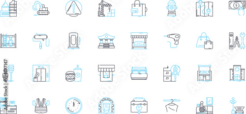 Architecture linear icons set. Design, Structure, Construction, Modernism, Esthetics, Materials, Engineering line vector and concept signs. Form,Space,Sustainability outline illustrations