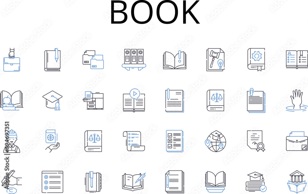 Book line icons collection. Tome, Read, Novel, Manuscript, Text, Volume, Publication vector and linear illustration. Literature,Softcopy,Hardcover outline signs set - obrazy, fototapety, plakaty 