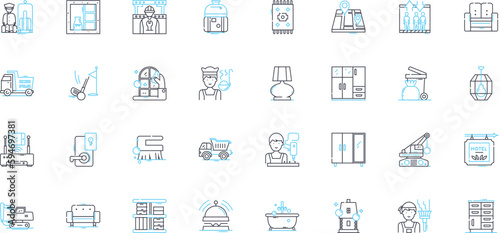 Guest services linear icons set. Hospitality, Accommodations, Requests, Reception, Assistance, Check-in, Concierge line vector and concept signs. Amenities,Courtesy,Comfort outline illustrations