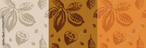 Vector Cocoa beans seamless pattern. Hand drawn Cacao beans background for chocolate packaging ornament or powder. Old fashioned cocoa plant illustrations for Bean to Bar label. Organic cacao butter.