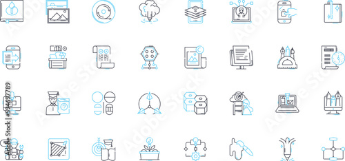 Decorative arts linear icons set. Ornamentation, Embellishment, Aesthetics, Design, Craftsmanship, Decoration, Pattern line vector and concept signs. Texture,Style,Iconography outline illustrations
