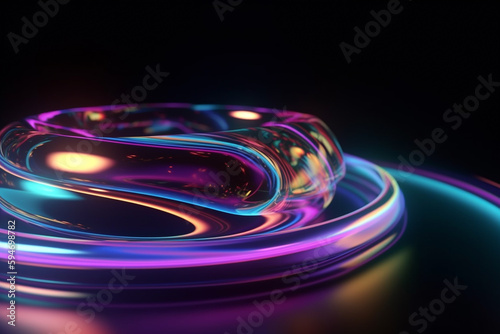 Holographic gradient curvy wavy 3d abstract round element with neon glow, graphic resource.