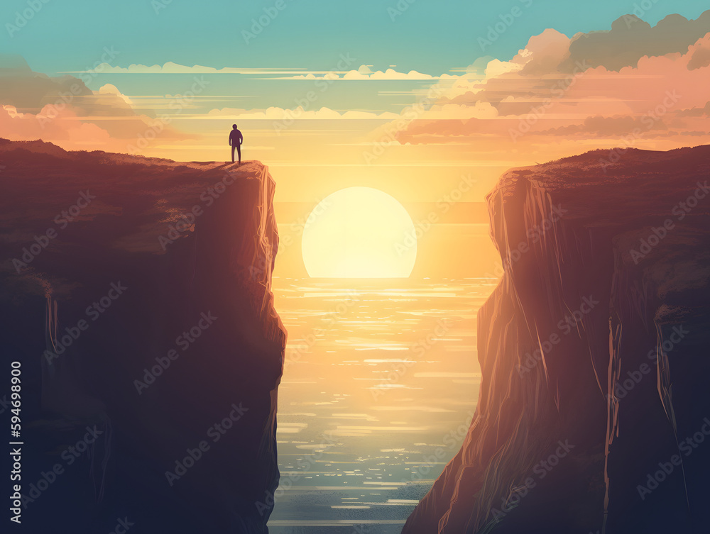 Silhouette of a Man on a Cliff Overlooking the Sea at Dusk, ai generated