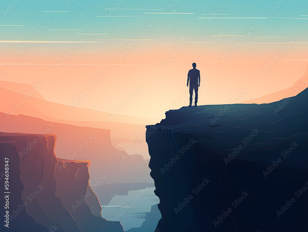 Man Standing on Cliff with Majestic Sunset over Ocean in Background, ai generated