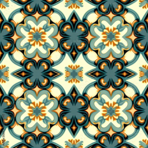 Elegant seamless patchwork pattern from colorful Moroccan, Portuguese tiles, Azulejo, ornaments, Traditional ornament, generative AI