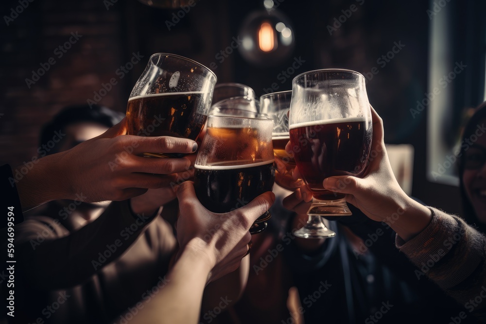 Friends cheering beer glasses, generative AI Friends cheering beer glasses, generative AI
