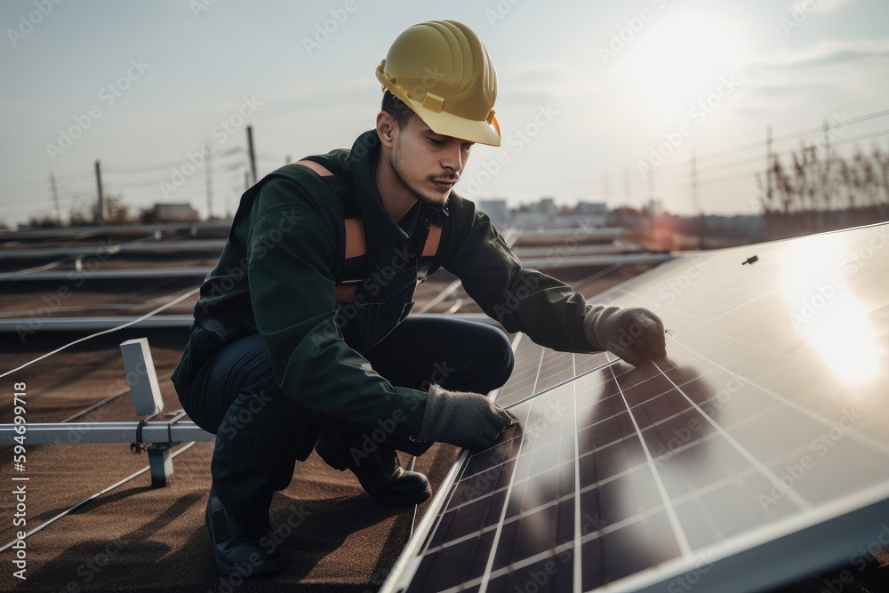 Technician engineer worker working installing solar panels, generative AI Technician engineer worker working installing solar panels, generative AI
